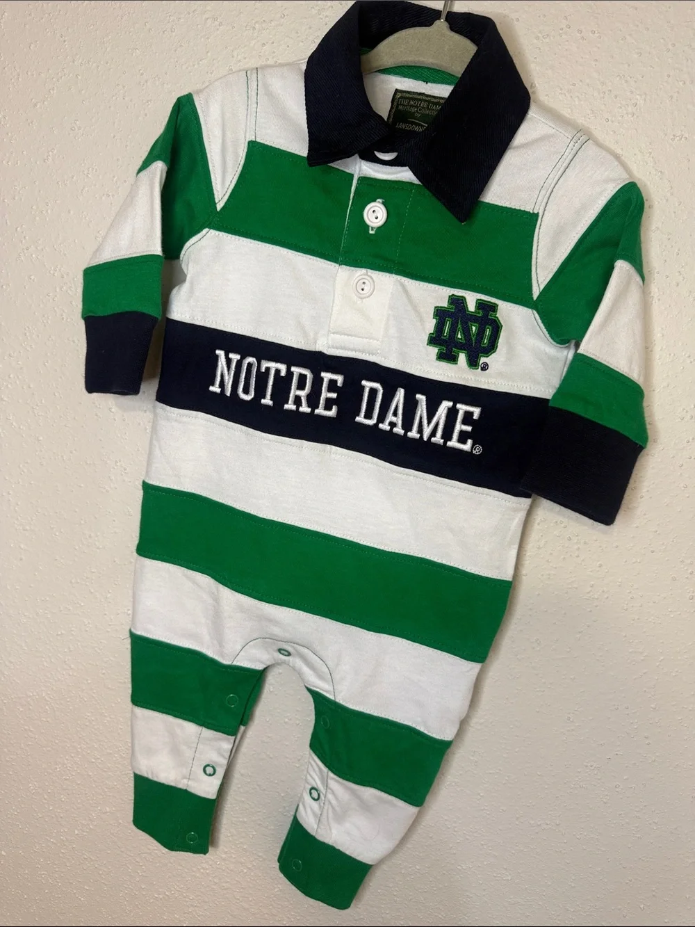 Lansdowne Notre Dame Heritage Green & White Striped Baby One-Piece Romper